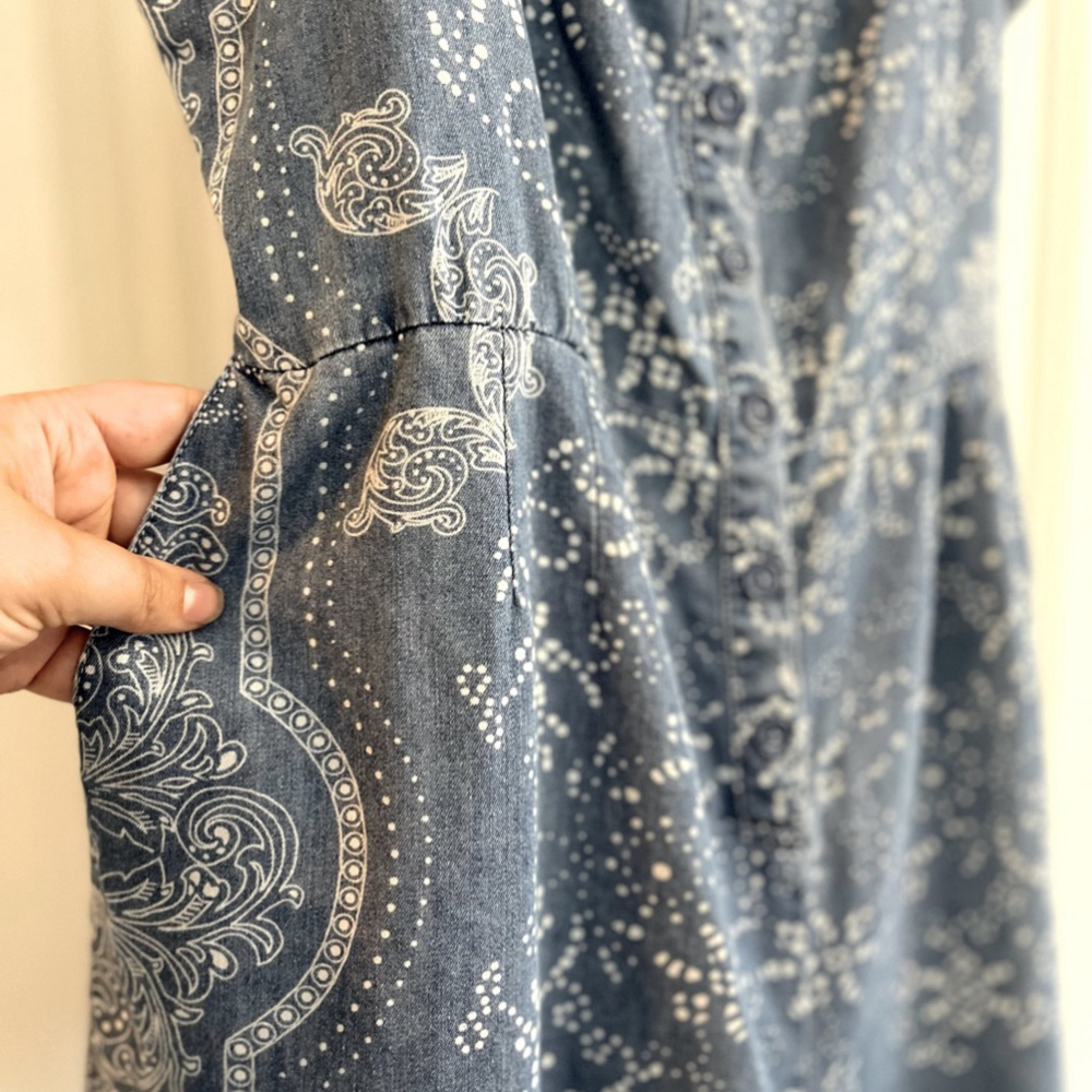 SOLD BENJAMIN BITTEN Chambray Denim Paisley Print Tie Back Button Front Romper - Picture 5 of 16